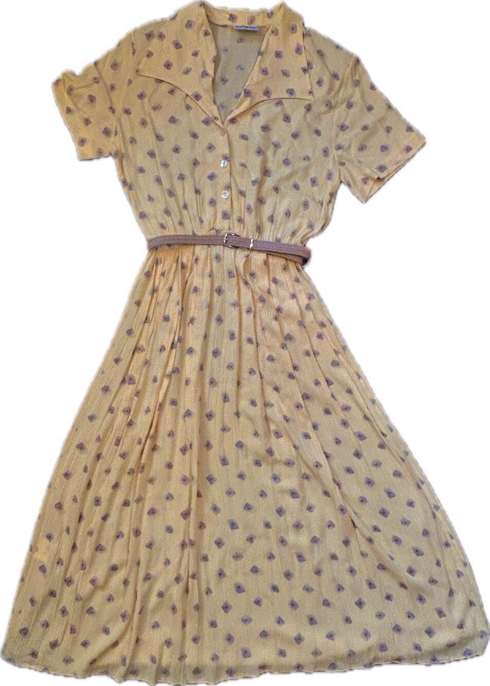 Bianco Vintage 90s Yellow Butter Mom Button-Up Maxi Printed Shirtdress w Belt